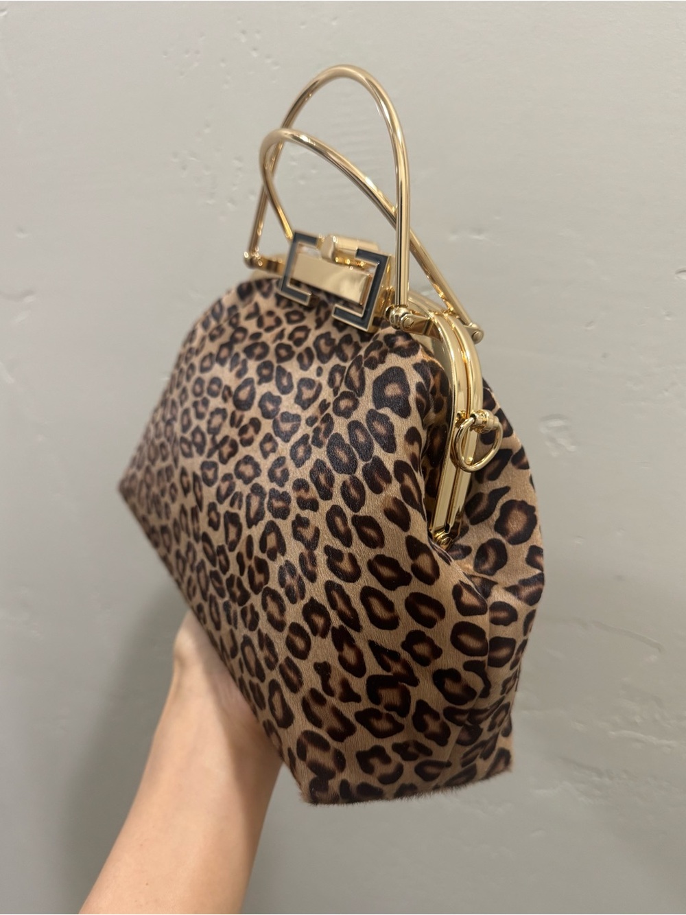 Leopard Print Handmade Real Hair-on Horsehide Top Handle, Push Lock Frame Bag - Picture 12 of 16